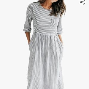 Merokeety White & Black Striped Balloon Sleeve Midi Dress w Pockets Size XL